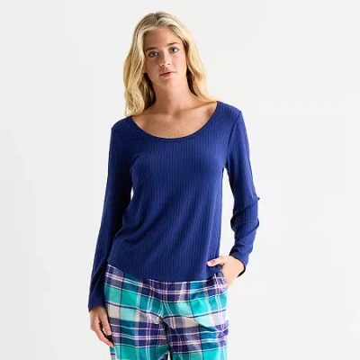 Sleep Chic Womens Rib Round Neck Long Sleeve Pajama Top In Blue
