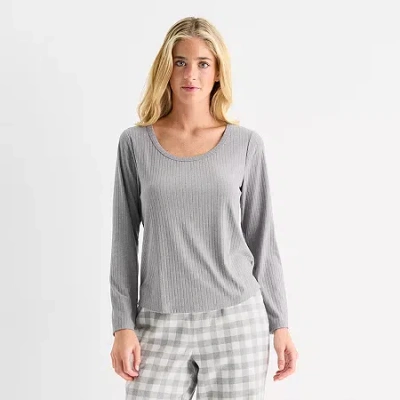 Sleep Chic Womens Rib Round Neck Long Sleeve Pajama Top In Gray