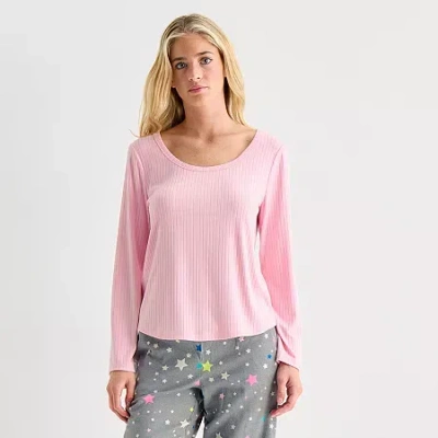 Sleep Chic Womens Rib Round Neck Long Sleeve Pajama Top In Pink