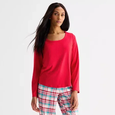 Sleep Chic Womens Rib Round Neck Long Sleeve Pajama Top In Red