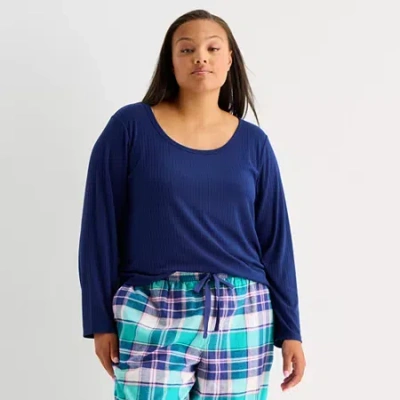 Sleep Chic Womens Rib Round Neck Long Sleeve Plus Pajama Top In Blue