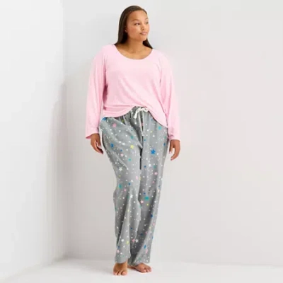 Sleep Chic Womens Rib Round Neck Long Sleeve Plus Pajama Top In Pink