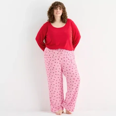 Sleep Chic Womens Rib Round Neck Long Sleeve Plus Pajama Top In Red