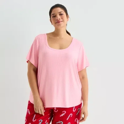 Sleep Chic Womens Rib Round Neck Short Sleeve Plus Pajama Top In Pink