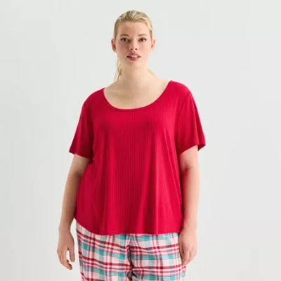 Sleep Chic Womens Rib Round Neck Short Sleeve Plus Pajama Top In Red