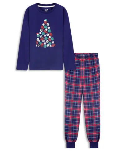 Sleep On It Kids' Boys Holiday Flannel Plaid Jogger Pant 2 Pc Pajama Set In Navy