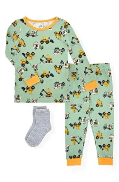 Sleep On It Kids'  Construction Fitted Two-piece Pajamas & Socks Set In Green