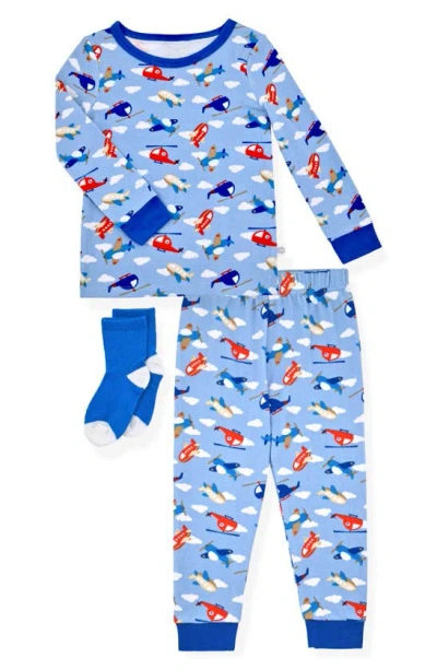 Sleep On It Kids' Airplane Fitted Two-piece Pajamas & Socks Set In Blue