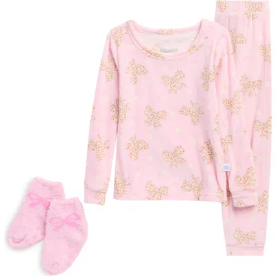 Sleep On It Kids' Bow Velour 2-piece Fitted Pajamas & Socks Set In Pink