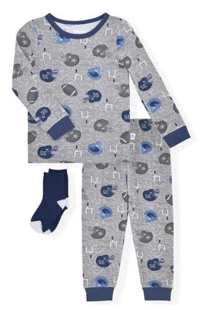 Sleep On It Kids' Football Print Fitted 3-piece Pajamas In Gray