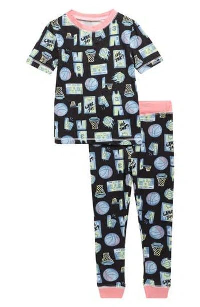Sleep On It Kids' Game Day Fitted Short Sleeve Two-piece Pajamas In Black