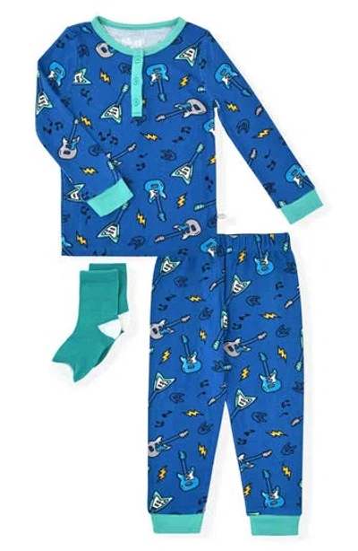 Sleep On It Kids' Guitar Fitted Two-piece Pajamas & Socks Set In Blue