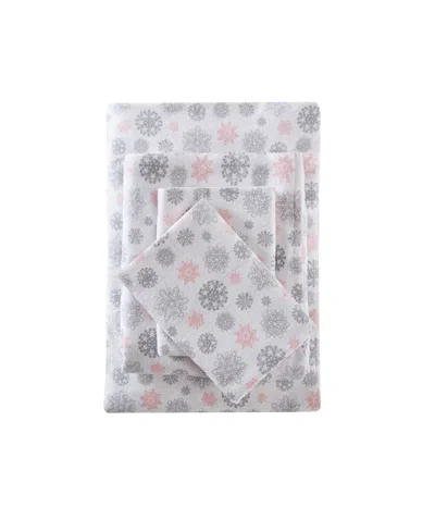 Sleep Philosophy True North By  Novelty Printed Cotton Flannel 3-pc. Sheet Set, Twin In Pink,grey Snowflakes