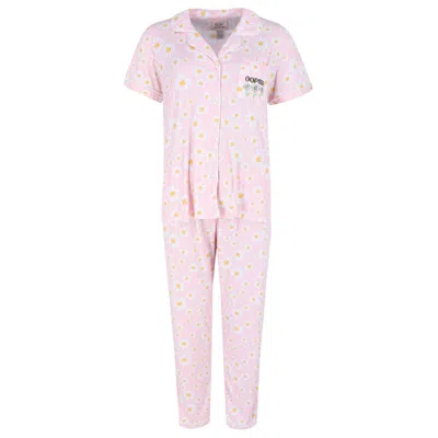 Sleep Women's Plus Size Daisy Ribbed Notch Short Sleeve Pajama Set In Pink