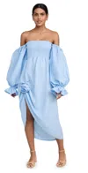 SLEEPER ATLANTA LINEN DRESS WITH ROSE DETAIL BLUE