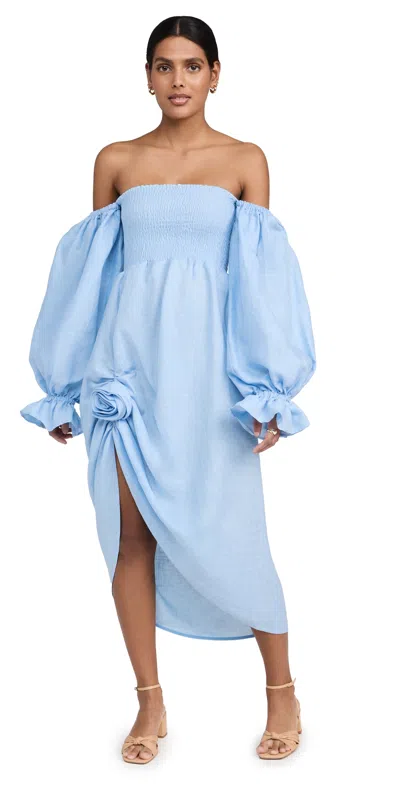 Sleeper Atlanta Linen Dress With Rose Detail Blue