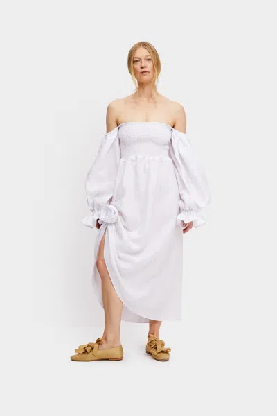 Sleeper Atlanta Linen Dress With Rose Detail In White
