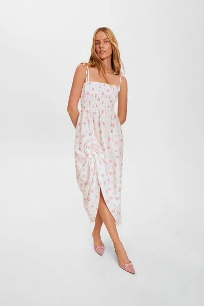Sleeper Atlanta Linen Strap Dress With Rose Detail In Roses In White