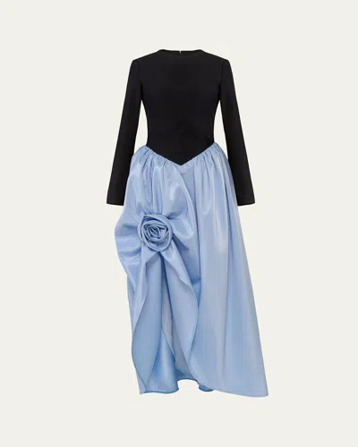 Sleeper Aurora High-low Basque Rosette Maxi Dress In Blue