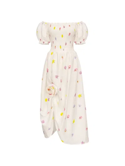 Sleeper Belle Floral-print Smocked Linen Midi Dress In White