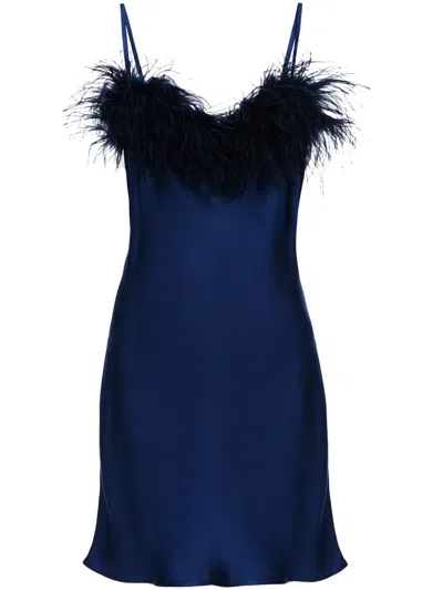 Sleeper Boheme Mini Slip Dress With Feathers In Navy