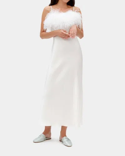 Sleeper Boheme Midi Slip Dress With Ostrich Feathers In White