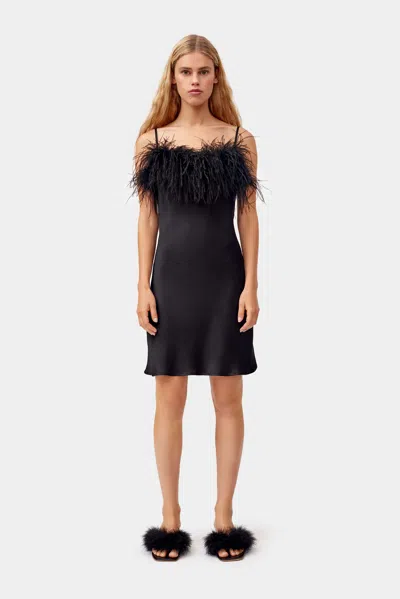 Sleeper Boheme Mini Slip Dress With Feathers In Black