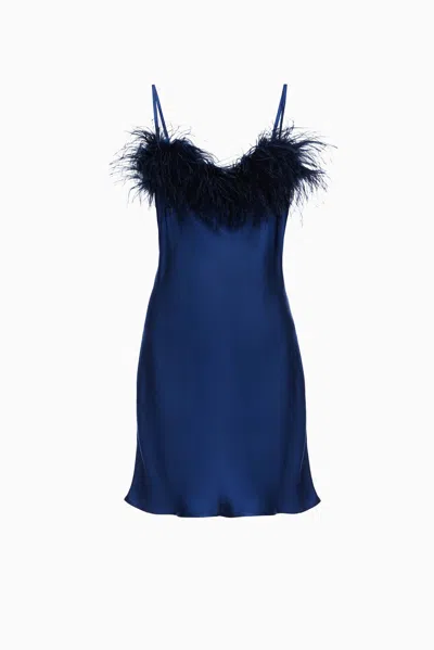Sleeper Boheme Mini Slip Dress With Feathers In Navy