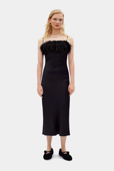Sleeper Boheme Slip Dress With Feathers In Black