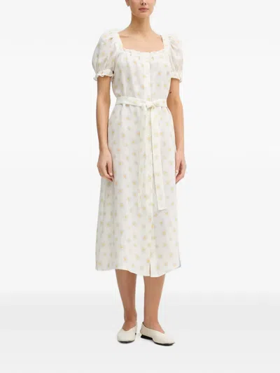 Sleeper Brigitte Daisy-print Belted Linen Midi Dress In White