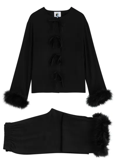Sleeper Capricorn Feather-trimmed Twill Pyjama Set In Black
