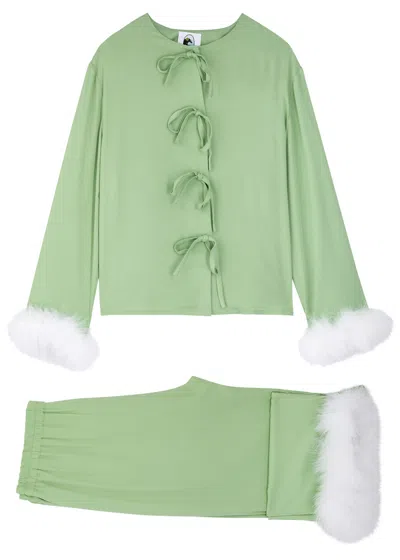 Sleeper Capricorn Feather-trimmed Twill Pyjama Set In Mint