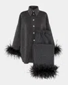 Sleeper Cosmos Cropped Feather-trim Metallic Pajama Set In Black