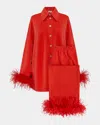 Sleeper Cosmos Cropped Feather-trim Metallic Pajama Set In Red
