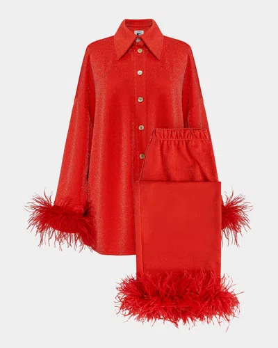 Sleeper Cosmos Cropped Feather-trim Metallic Pajama Set In Red