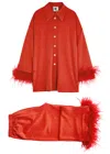 Sleeper Cosmos Feather-trimmed Metallic Jersey Pyjama Set In Red