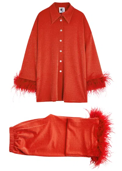 Sleeper Cosmos Feather-trimmed Metallic Jersey Pyjama Set In Red