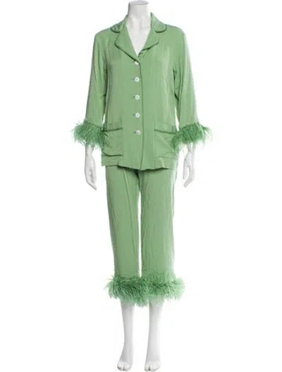 Pre-owned Sleeper Feather Trim Pant Set In Green
