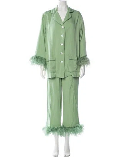 Pre-owned Sleeper Feather Trim Pant Set In Green
