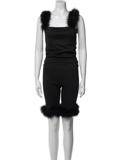 Pre-owned Sleeper Feather Trim Short Set In Black