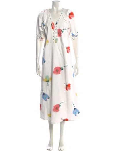 Pre-owned Sleeper Floral Print Long Dress In White