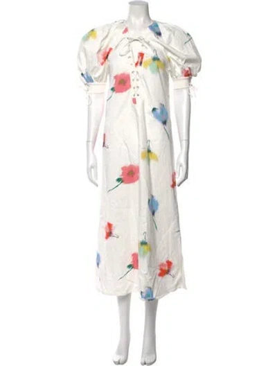 Pre-owned Sleeper Floral Print Long Dress In White