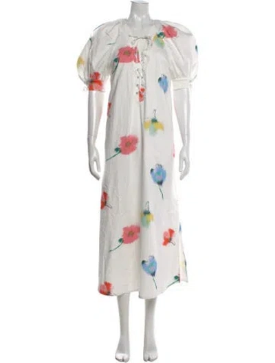 Pre-owned Sleeper Floral Print Midi Length Dress In White