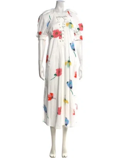 Pre-owned Sleeper Floral Print Midi Length Dress In White