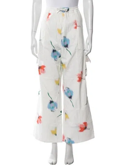 Pre-owned Sleeper Floral Print Wide Leg Pants In White
