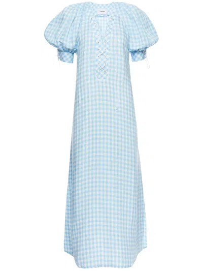 Sleeper Garden Gingham Puff-sleeve Dress In White