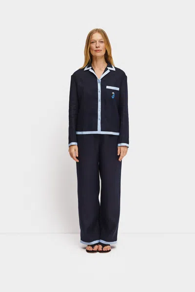 Sleeper Garrick Embroidered Linen Shirt In Navy