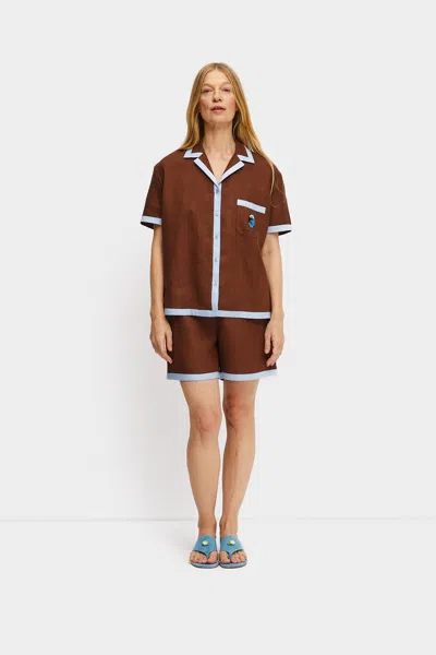 Sleeper Garrick Embroidered Linen Short-sleeved Shirt In Brown