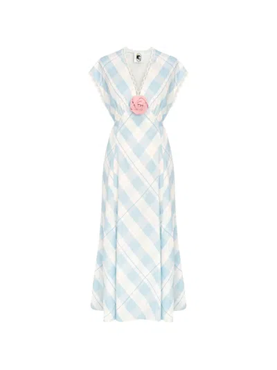 Sleeper Genus Plaid-pattern Floral-appliqué Midi Dress In Blue