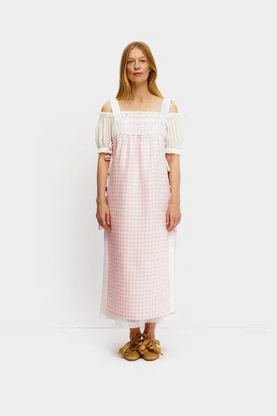 Sleeper Greta Layered Linen Midi Dress In Pink Vichy